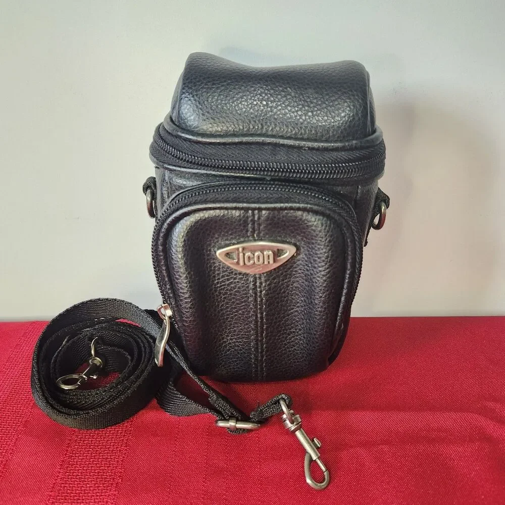 Vintage ICON Faux Leather Camera Bag Case Shoulder Strap Black